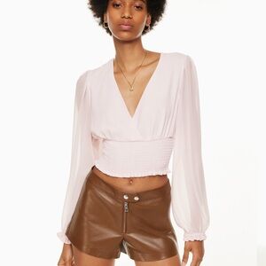Wilfred Aritzia Wistful V Neck Sheer Long Balloon Sleeve Smocked Top Pink Medium
